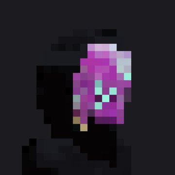 A low-resolution pixel art image shows a shadowy figure wearing a purple bandana or face covering with lighter blue spots, set against a dark background.