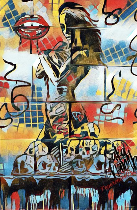 A colorful graffiti-style mural featuring a stylized figure, lips, abstract patterns, and drips of paint, signed 'Peperon' with the year '2016'.