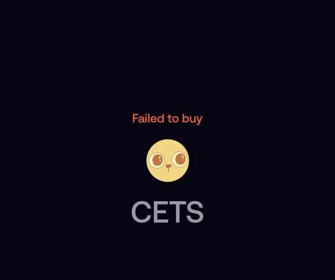 The image displays a dark background with red text reading "Failed to buy," featuring a sad cat emoji and the ticker "CETS" below, visually illustrating the transaction failures mentioned in the post where users were unable to purchase the $CETS dip due to platform congestion issues.