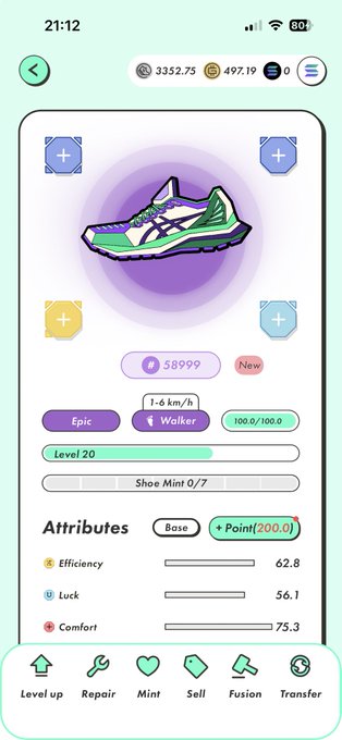 A mobile app screenshot showing an Asics sneaker NFT/sneaker stats with attributes Efficiency 62.8, Luck 56.1, Comfort 75.3, Level 20, in the Walker category.