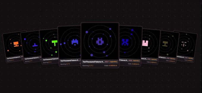 A row of digital NFT cards arranged in a fan layout displays pixel-art tokens paired with backing cryptocurrency values, including entries like "OmniTokens#03 #448 Legendaries," "DecentralTokens #917 Uncommon," and "ZenithKoin #298 Legendary," with backing amounts in ETH ranging from 1.77 to 2.73 and odds percentages such as 0.00041%. The image illustrates the user's frustration about NFTs being tied to ETH backing, as each card clearly shows a required ETH value beneath its token tier, suggesting that the platform forces holders to maintain a cryptocurrency stake alongside their collectibles.
