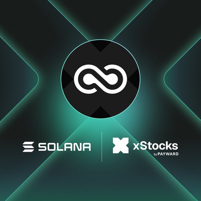 A digital graphic featuring a glowing infinity/loop symbol in a black circle against a teal and black X-shaped background, with the "SOLANA" logo and "xStocks by PAYWARD" branding displayed at the bottom. The visual ties into the announcement by showcasing the Solana and xStocks partnership through which Bending Spoons' $BSPx IPO token is being made available onchain at institutional pricing.