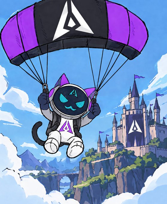 An animated illustration of a cat character in a spacesuit parachuting with a purple and black canopy, flying toward a fantasy castle with a triangular symbol on the blue sky background.