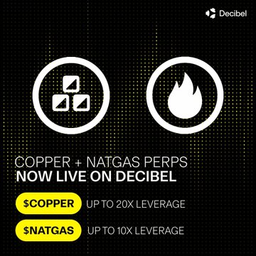 The image features a black background with two white circles, one containing a flame and the other showing copper. The text "Copper + Natgas Perps" is written above each circle. Below these circles are yellow buttons that say "copper now live on decibel". The text also mentions an advertisement for copper and nitrogen gases, suggesting they might be related to the image's content.