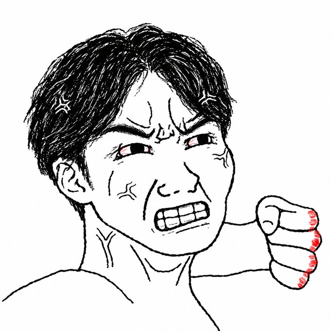 A furious, sweating line-drawn face with clenched teeth and red-marked knuckles is raised in an angry fist, capturing the intense frustration of someone defending $INJ against critics who question its utility despite the chain's numerous features.