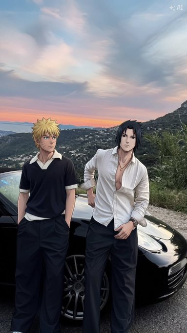 An AI-generated image shows two anime-style male characters, one with spiky blonde hair in a dark polo shirt and the other with long dark hair in an open white shirt, standing next to a black car at sunset.