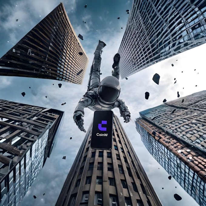 A CoinW cryptocurrency advertisement showing an astronaut falling between skyscrapers with the CoinW logo on its suit.