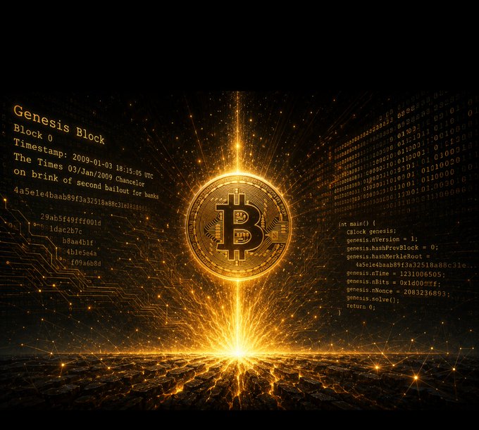 A stylized digital illustration of the Bitcoin 'Genesis Block,' featuring a glowing golden Bitcoin logo with text including 'Genesis Block,' 'Block 0,' and 'Timestamp: 2009-01-03 18:15:05 UTC,' along with code snippets on the right.