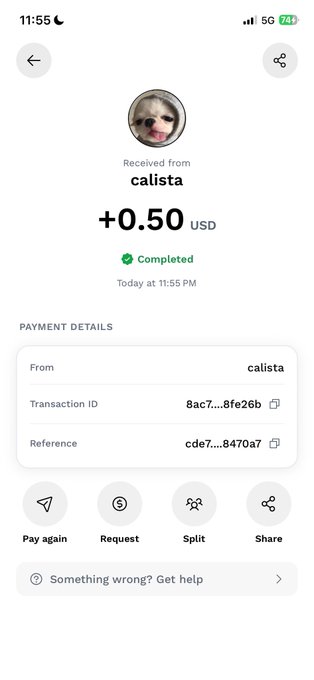 A mobile payment confirmation screen showing a +0.50 USD payment received from 'calista', marked as Completed at 11:55 PM, with transaction ID and reference details.