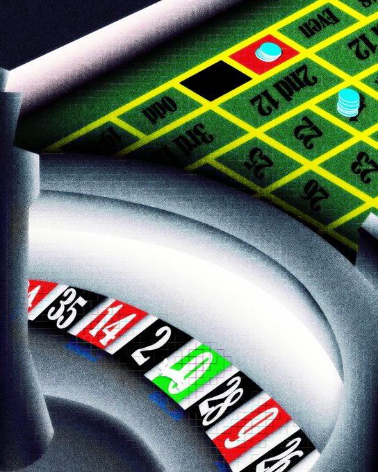 An artistic illustration featuring a roulette wheel and a green betting layout with numbers like 2, 12, 26, 32, 35, 14, and 2 displayed, along with cyan and red chips.