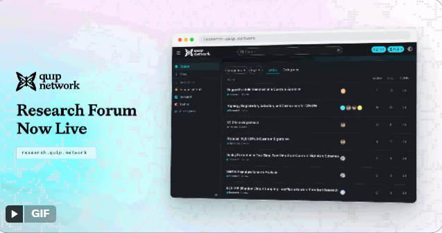 A promotional graphic announcing that the quip network Research Forum is now live, with the website research.quip.network displayed alongside a screenshot of the forum interface.