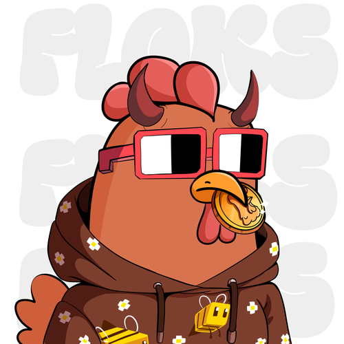 A cartoon illustration of a chicken wearing red 3D glasses, holding a gold coin in its beak, and wearing a brown hoodie with bee and flower designs.