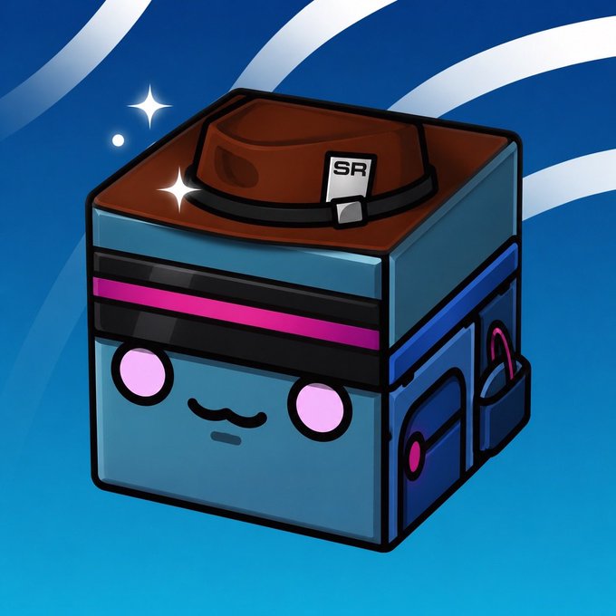 A cute blue cube-shaped character with a smiling face and pink goggles wears a brown fedora marked "SR" (likely Sonic Radio/Sonic Radio/Stand Reserve) while saying "GM" (good morning) in a stylized greeting post. The character appears to be a mascot for the SR community, sharing a cheerful morning message.