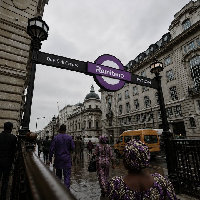 A street scene with a 'Remitano - Buy-Sell Crypto EST 2014' sign arching over a pedestrian walkway, with people walking on a wet street near classical European-style buildings.