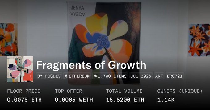 An NFT collection page titled 'Fragments of Growth' by FOGDEV on Ethereum, featuring artwork by Jenya Vyzov, with 1,700 items, a floor price of 0.0075 ETH, top offer of 0.0065 WETH, and 1.14K unique owners.