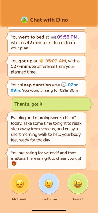 The image shows a screenshot of an app called Sleep Tracker that displays text messages about sleep patterns and habits. The message reads "Goodnight CT Look at the details @sleepagotchi picked up from my sleep last night Goshhh, I really love this tech ... It's cra3y seeing your sleep data broken down into insights you can actually understand, track over time, and use to build better habits". This text is displayed on a phone screen with an orange background.