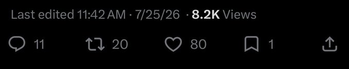 A social media post engagement bar showing 'Last edited 11:42 AM · 7/25/26', '8.2K Views', 11 comments, 20 retweets, 80 likes, 1 bookmark, and a share button.