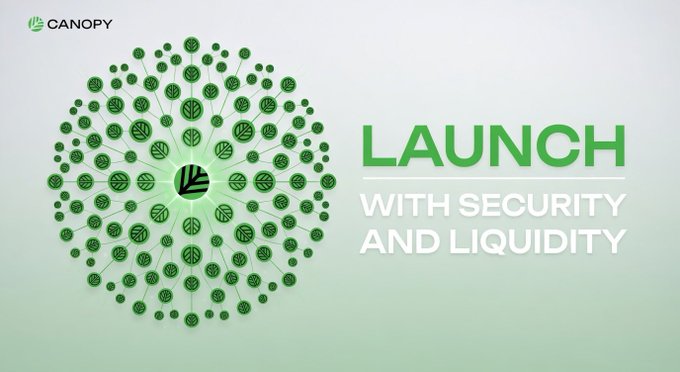 A Canopy promotional graphic featuring a spherical tree-like network of green leaf icons with the text 'LAUNCH WITH SECURITY AND LIQUIDITY'.