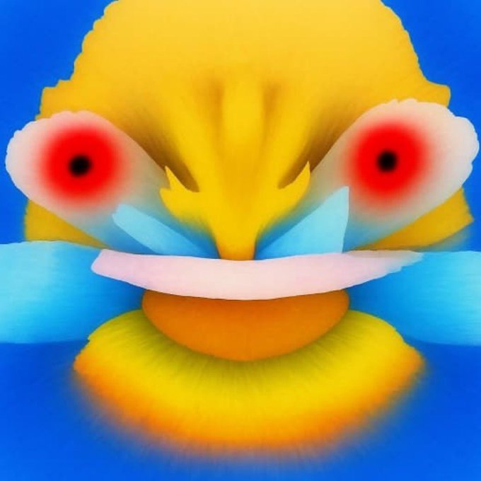 The image features a face with red eyes, yellow nose, and a large mouth, giving it an anthropomorphic appearance. The background of the image is blue, which contrasts with the yellow and red elements of the face. There are also some words written in white text that read "LMAO!". This combination of colors and text creates a unique and eye-catching visual effect.