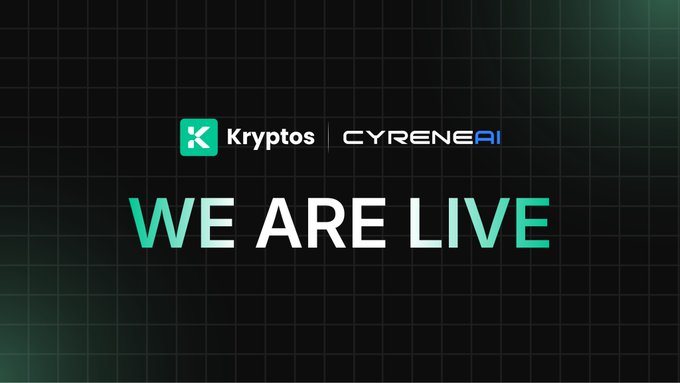 A promotional graphic with a green grid background featuring logos for 'Kryptos' and 'CYRENE AI', along with the text 'WE ARE LIVE'.