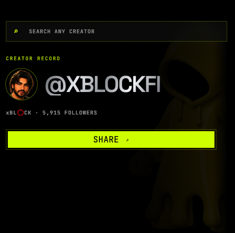 Profile record card for creator @XBLOCKFI (xbl0ck) with 5,915 followers and a green 'SHARE' button.