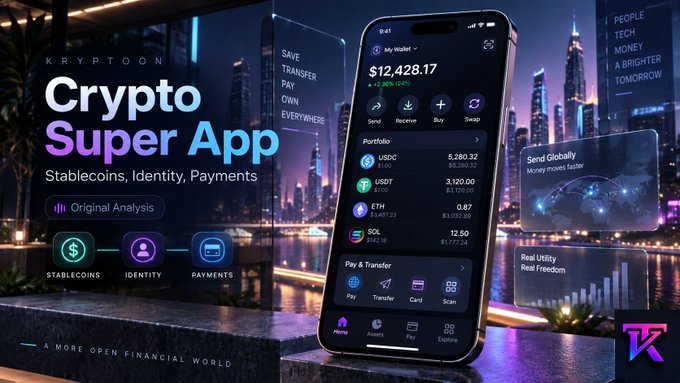A promotional graphic for "KRYPTOON" advertises it as a "Crypto Super App" for "Stablecoins, Identity, Payments." It displays a smartphone interface showing a $12,428.17 My Wallet balance and a portfolio with USDC, USDT, ETH, and SOL holdings.