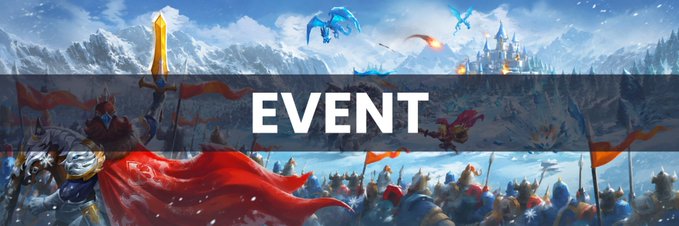 A fantasy game promotional banner with the word 'EVENT' displayed over an illustration of warriors, a castle, and dragons in a snowy landscape.