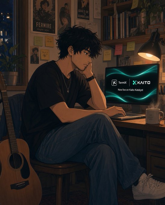Anime-style illustration of a young man sitting at a desk in a cozy room, with a computer screen displaying 'TermiX x KAITO - Now live on Kaito Katalyst,' a guitar nearby, and posters on the wall.