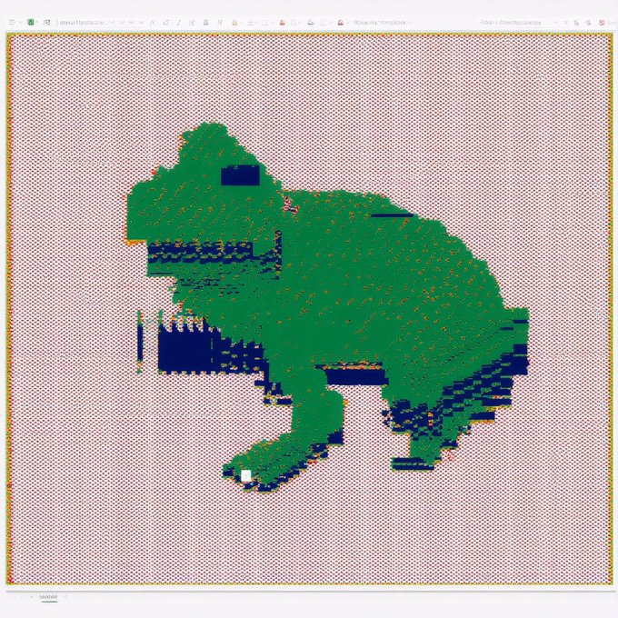 A pixel art or cross-stitch style digital pattern depicting a green Tyrannosaurus Rex with sharp teeth, set against a checkered background within what appears to be a design software interface.