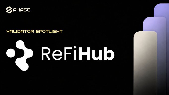 The image features a logo for RefiHub, which is a project that aims to convert real-world energy assets into on-chain cashflow. The logo includes a white circle with a blue dot inside, symbolizing the energy industry. The background of the image is black and has three vertical lines running through it, creating a sense of depth. In the bottom right corner of the image, there's text that reads "Validationator Spotlight" followed by "RefiHub".