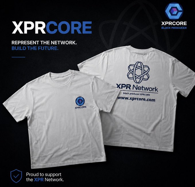 Promotional graphic for 'XPRCORE' block producer, showing two white t-shirts with XPR Network logos and the text 'REPRESENT THE NETWORK. BUILD THE FUTURE.'