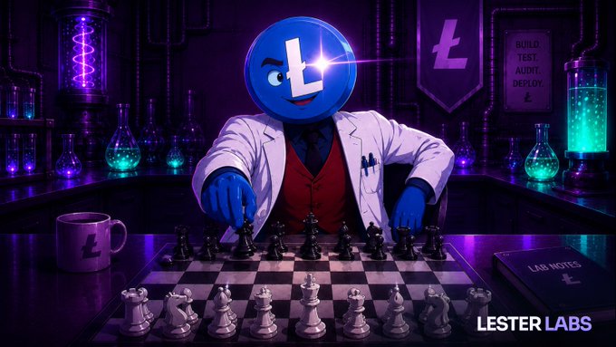 A Lester Labs promotional image shows a blue mascot character with an 'L' logo playing chess in a laboratory setting with purple lighting, with a 'BUILD. TEST. AUDIT. DEPLOY.' sign visible.