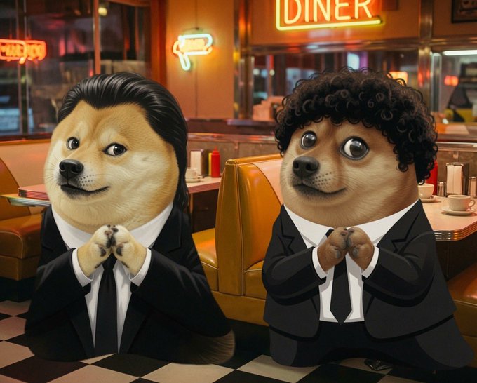 Two anthropomorphic Shiba Inu dogs dressed in black suits and ties—one with slicked-back hair and the other with curly hair—pose with clasped paws in a neon-lit retro diner featuring a glowing "DINER" sign, capturing the meme-style energy behind the $SHIBU community's encouraging Sunday message to lock in.