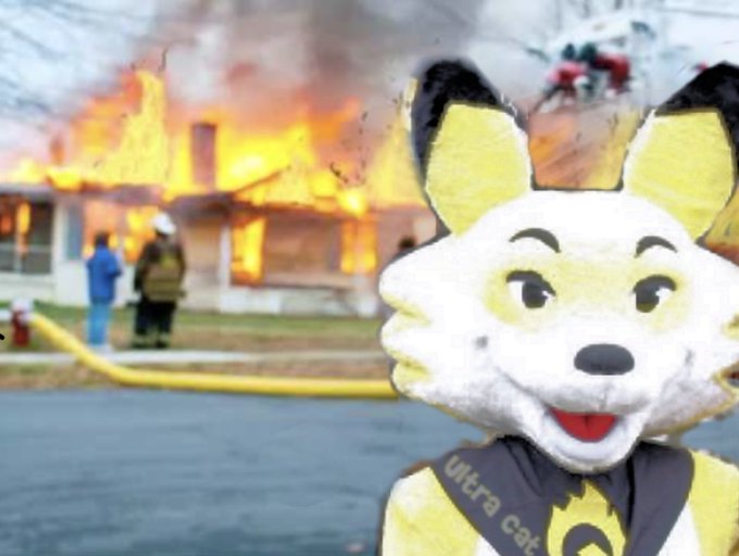 A yellow and white fox mascot wearing a sash reading "Ultra cat" is superimposed over a photo of a house engulfed in flames, with firefighters and a hose visible at the scene. The image relates to the post's message by using the mascot (presumably "Ember the Fox") to dramatically illustrate the "ember" theme alongside the burning house, tying into the tone of "this is it ladies and gents" as a bold announcement paired with a crypto wallet address.