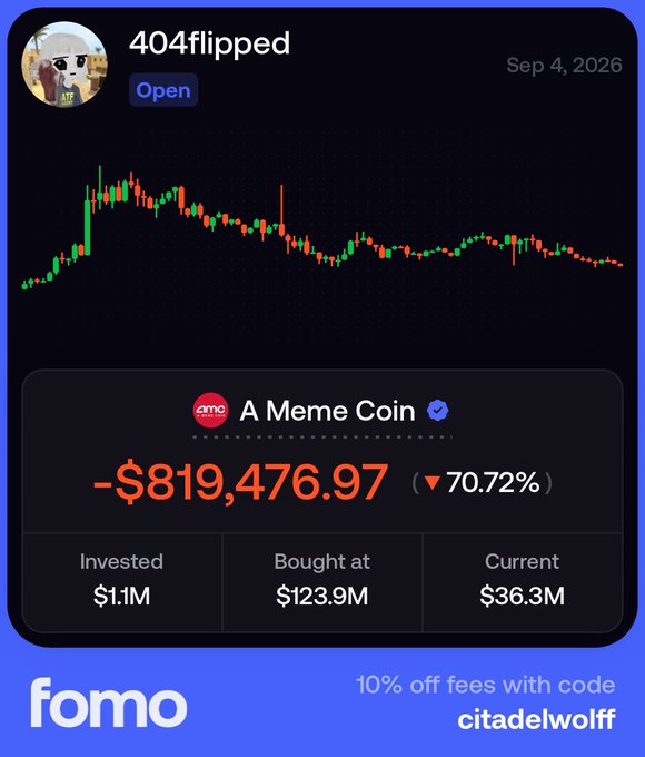 The image shows a FOMO app portfolio screenshot for user "404flipped" dated Sep 4, 2026, displaying a meme coin (AMC) position down $819,476.97 (-70.72%) with $1.1M invested, bought at $123.9M market cap and now valued at $36.3M. The accompanying post questions whether the user will let their $1M investment ride to zero, highlighting the massive unrealized loss shown in the chart.