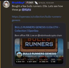 A tweet from @robinhoodcrypt promoting their 'Bulls Runners' NFT collection, referencing Alpha and a 0.3e OpenSea listing, showing 14.78K ETH volume.