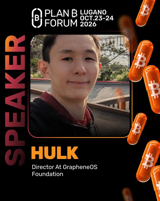 The image features a poster for an event called "Plan B Forum 2016" with a man's face, who appears to be a speaker named Hulk. The poster also includes several orange pills scattered around the image, which are likely related to the topic of mobile privacy and security being discussed at the event.