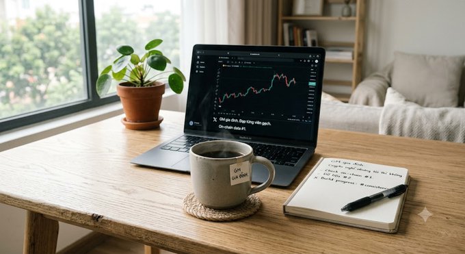 A wooden desk setup featuring a laptop displaying a stock chart, a coffee mug, a potted plant, and an open notebook with a pen, set in a cozy room with a window view.