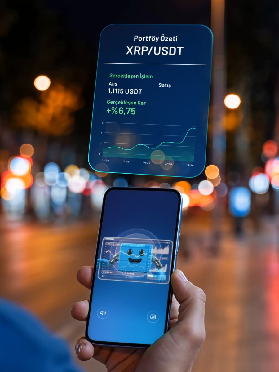 A person holds a smartphone displaying the Bloki crypto trading app, with a floating "Portföy Özeti" (Portfolio Summary) for XRP/USDT showing a buy price of 1.1115 USDT and a realized profit of +%6,75, visually reinforcing Bloki's promise of accessible, on-the-go cryptocurrency analysis and trading.