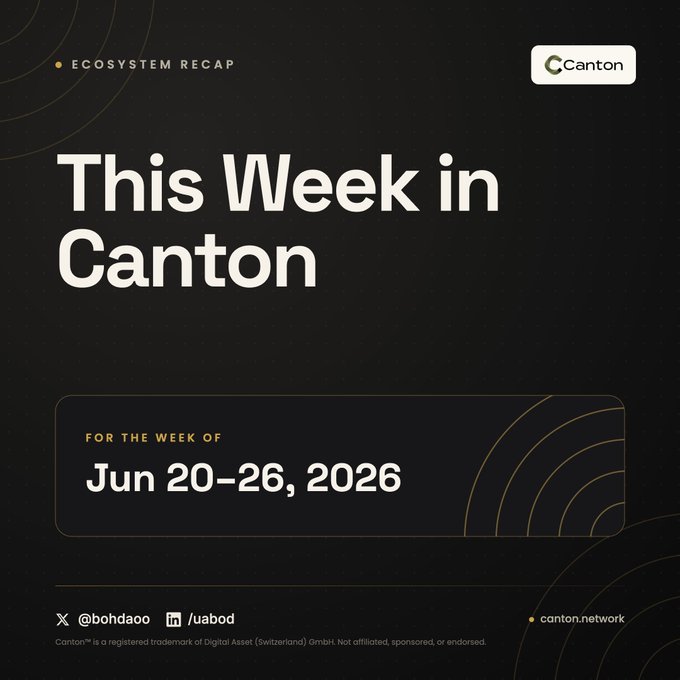 A black graphic titled "This Week in Canton" announces an Ecosystem Recap for June 20–26, 2026, crediting @bohdao on X and /uabod on Reddit, with the Canton logo and canton.network website displayed. The accompanying post "This past week in the Canton ecosystem. ↓" serves as an intro directing readers to this weekly recap graphic.
