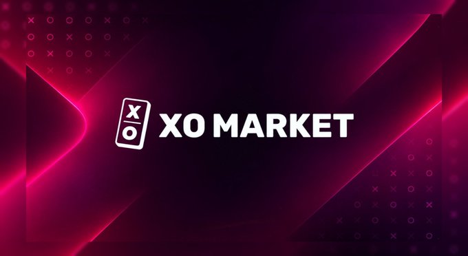 Bold logo graphic for 'XO MARKET' displayed on a dark pink/magenta gradient background with X and O patterns.