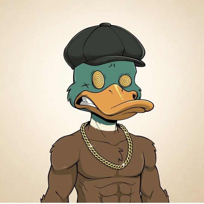 An illustration of an anthropomorphic duck character wearing a black baseball cap and a gold chain necklace, displaying hypnotic swirl eyes and a frown.
