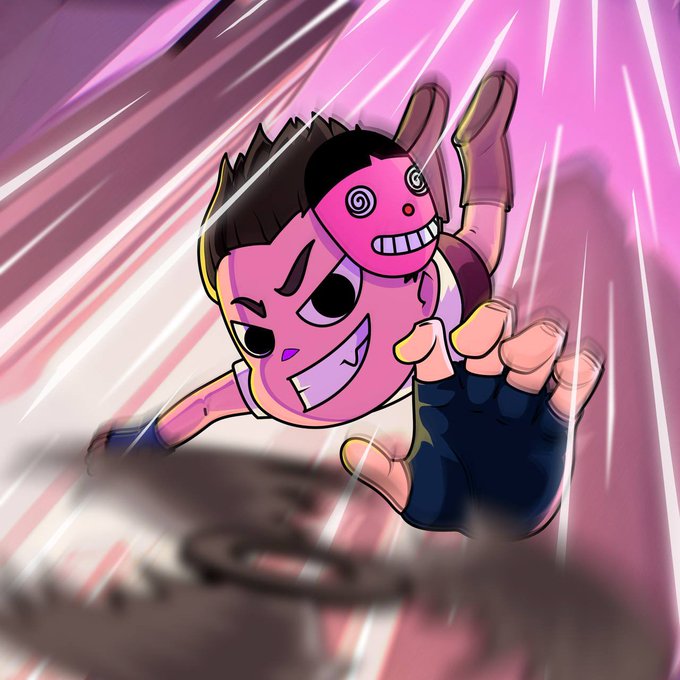 An animated cartoon character with spiky black hair, a pink face, and a menacing grin lunges forward with outstretched hands against a pink speed-line background.