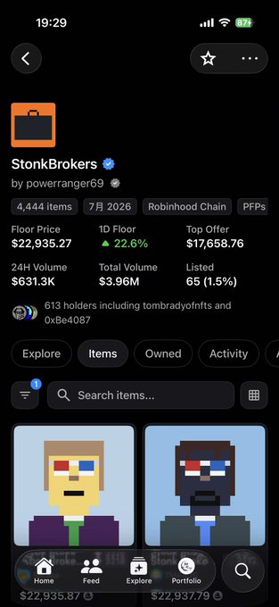 Mobile screenshot of an OpenSea collection page for 'StonkBrokers' by powerranger69, showing a floor price of $22,935.27, 4,444 items, and pixel art character NFTs.