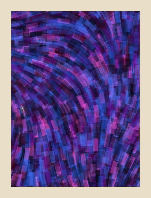 An abstract digital artwork featuring swirling, rectangular blocks of blue, purple, and magenta colors framed by a beige border.