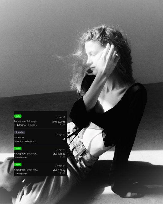 A black-and-white photo of a woman sitting on the floor with her hand over her face, overlaid with cryptocurrency transaction notifications including a $7 @ 5.00 sale of boongreen tokens, a 1-Artfunrumspace transfer, and a 3x @ 5.00 boongreen sale to sudeacar.