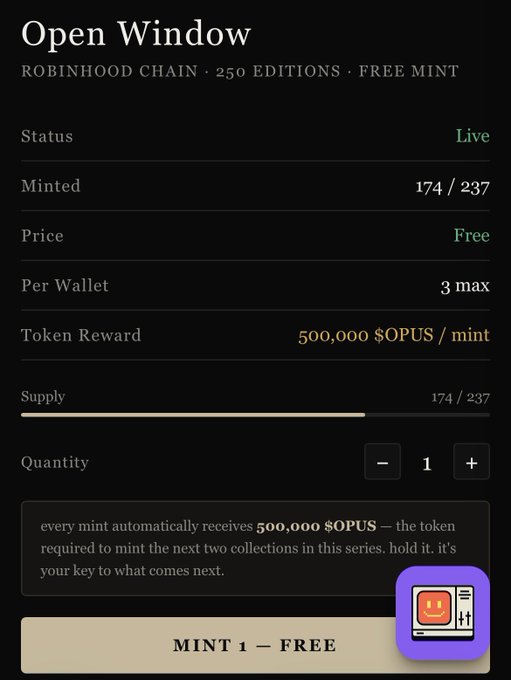 A mobile screenshot of an NFT minting page for 'Open Window' on the Robinhood Chain, showing 174/237 minted, a free mint, and a 500,000 $OPUS token reward per mint.