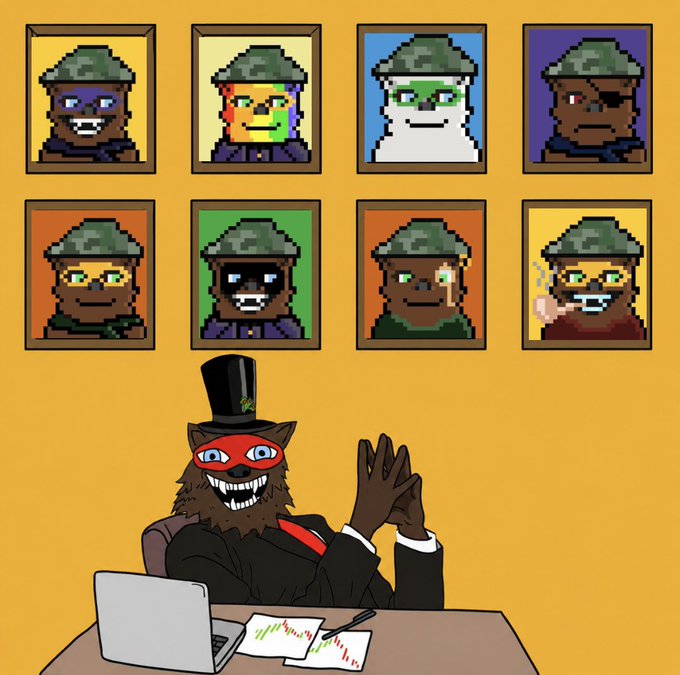 A pixel art illustration of a top-hatted bear character in a suit sitting at a desk with a laptop and charts, with eight framed portrait NFTs displayed on the orange wall behind it.