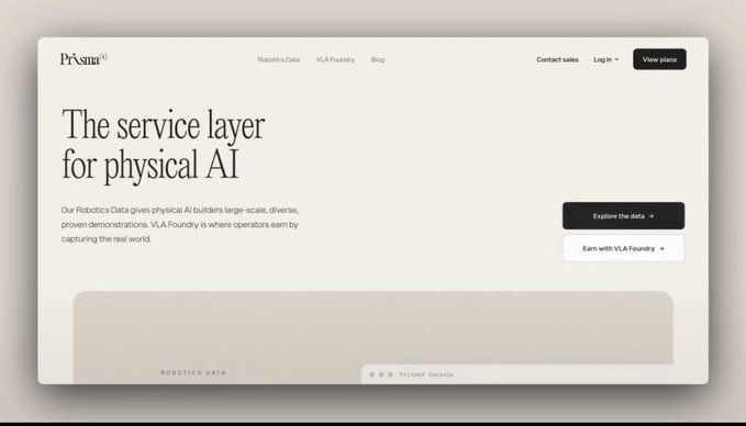 A website screenshot for 'Prism' with the headline 'The service layer for physical AI,' describing how their Robotics Data helps Physical AI builders, with navigation for Robotics Data, VLA Foundry, and Shop.