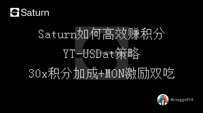 A graphic for Saturn displays the headline "Saturn如何高效赚积分" (How to efficiently earn points on Saturn) and outlines a strategy combining a 30x points boost with MON incentives via YT-USDat. It connects to the post by promoting Saturn as a promising STRCfi track project, complementing the author's mention of adding to their YT-USDat position alongside discussion of Strategy's $4.8 billion unrealized profit and $STRC holding above $97.